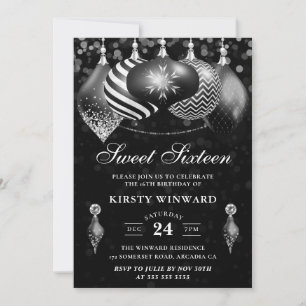 Convite Elegantes Bolas de Natal Pretas e Brancas Sweet 16