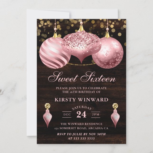 Convite Elegantes Bolas de Natal Rosa Claro Sweet 16 (Frente)