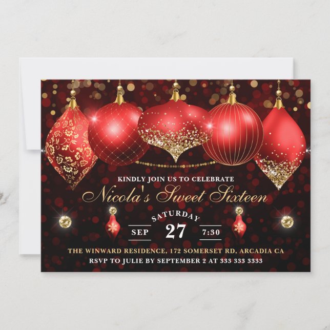 Convite Elegantes Bolas de Natal Vermelhas e Douradas Swee (Frente)