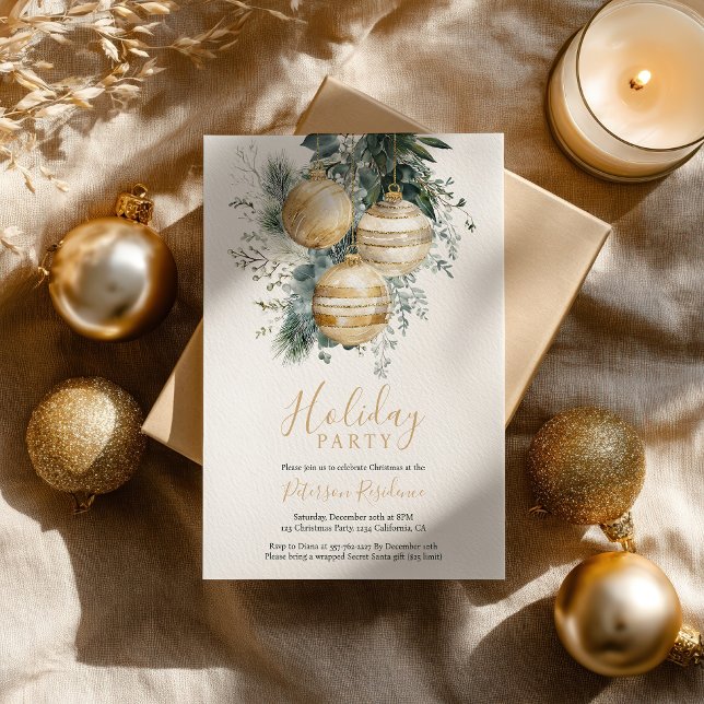 Convite Elegantes Bolas Douradas de Verde Natal Festa (Elegant Chic Gold Baubles Greenery Christmas Party Invitation)