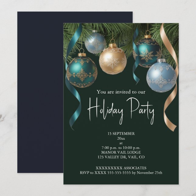 Convite Elegantes Bolas Douradas Festa da Árvore de Natal  (Frente/Verso)