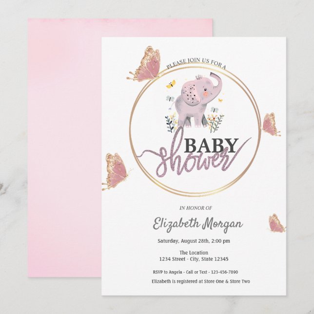 Convite Elegantes Borboletas Elefante Rosa Chás de Bebê   (Frente/Verso)