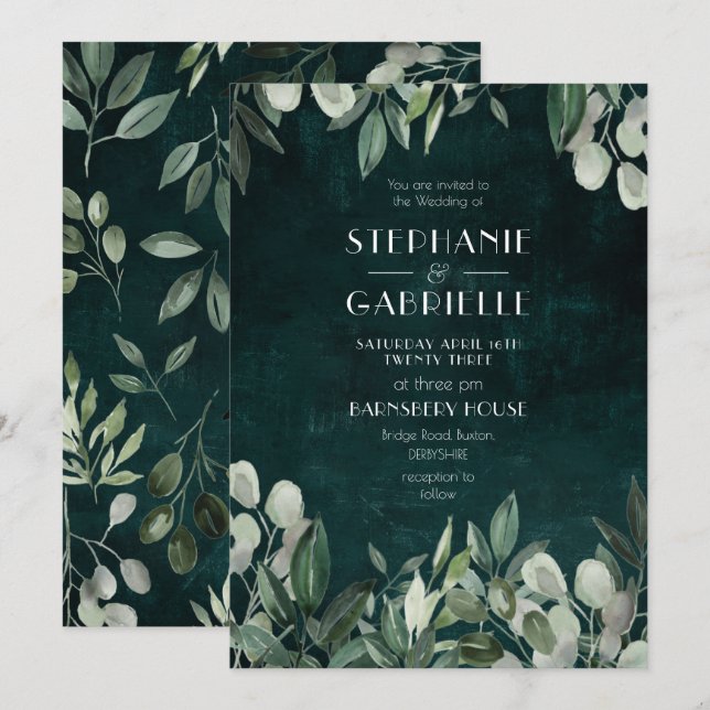 Convite Elegantes botânicos de folhas em aquarela em verde (Frente/Verso)