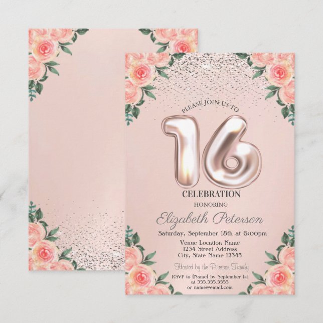 Convite Elegantes Confetes Modernos Flores Sweet 16 (Frente/Verso)