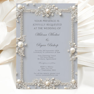 Convite Elegantes Diamantes e Pérolas Azul Pastel Editávei
