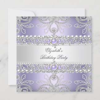 Convite Elegantes Diamantes Lavanda Prata Floral Aniversár