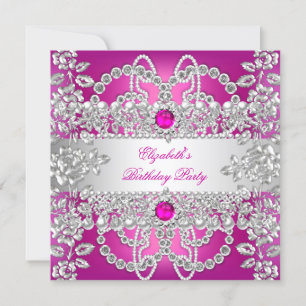 Convite Elegantes Diamantes Rosa Prata Festa de Aniversári