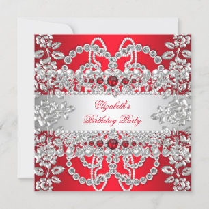 Convite Elegantes Diamantes Vermelhos Prata Floral Festa d