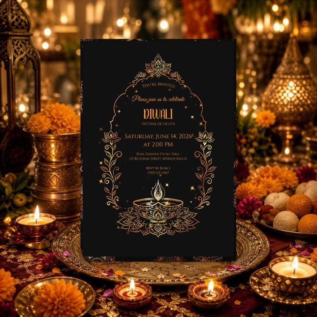 Convite Elegantes Diyas Preto e Dourado Diwali (Criador carregado)