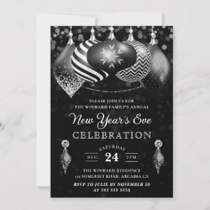 Convite Elegantes enfeites de Natal preto e branco Ano Nov