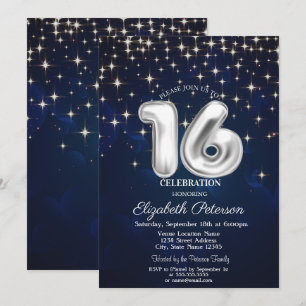 Convite Elegantes Estrelas Prateadas Azul Marinho Sweet 16