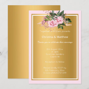 Convite ELEGANTES FLORAIS Douradas METÁLICAS ROSA 2 CASAME