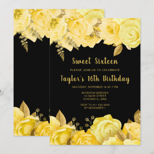 Convite Elegantes Flores Amarelas e Douradas Sweet Sixteen