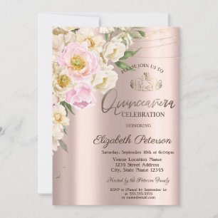 Convite Elegantes Flores Bege Rosa Dourado Quinceañera