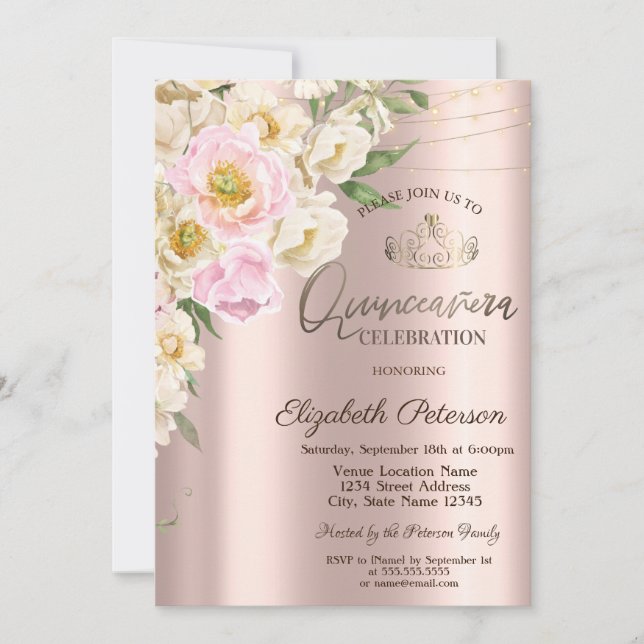 Convite Elegantes Flores Bege Rosa Dourado Quinceañera (Frente)