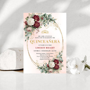 Convite Elegantes Flores Boêmias Marsala Douradas Quince