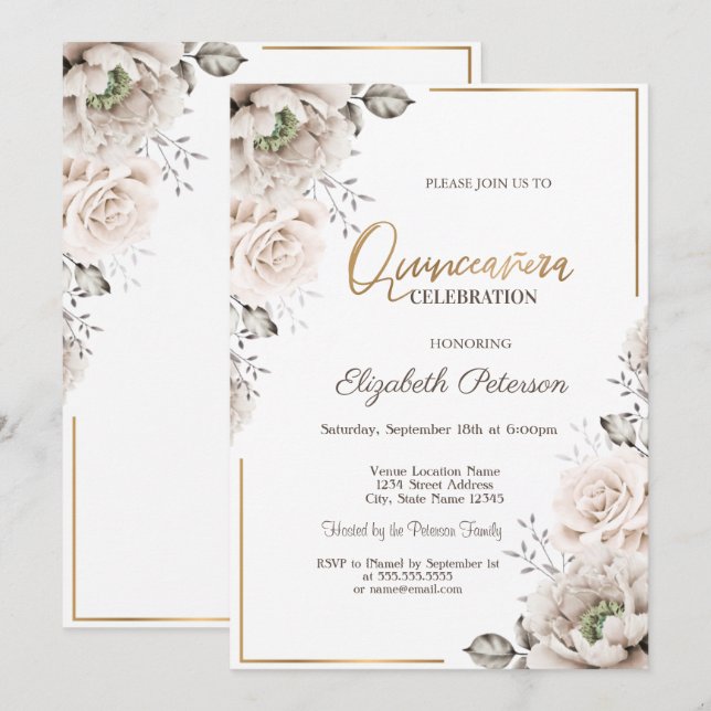 Convite Elegantes Flores Brancas Quinceañera (Frente/Verso)