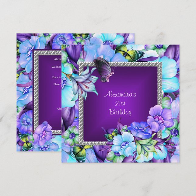Convite Elegantes Flores de Jóias Roxas Prateadas Aniversá (Frente/Verso)
