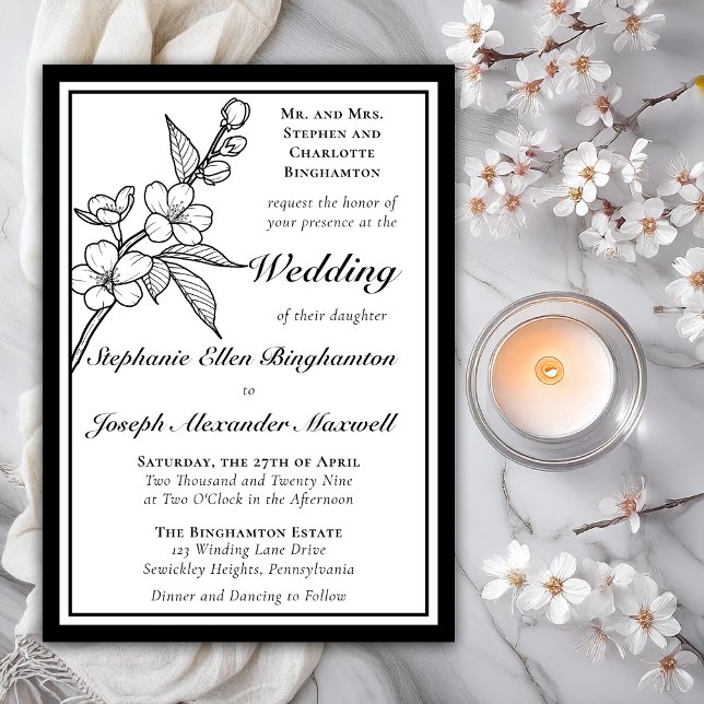 Convite Elegantes Flores de Primavera Preto e Branco Casam (Elegant Line Art Spring Blossoms Floral Formal Wedding Black | White Invitations = Print | DIgital)
