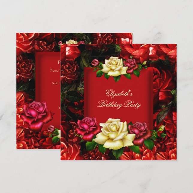 Convite Elegantes Flores Douradas Creme Vermelho Festa de  (Frente/Verso)