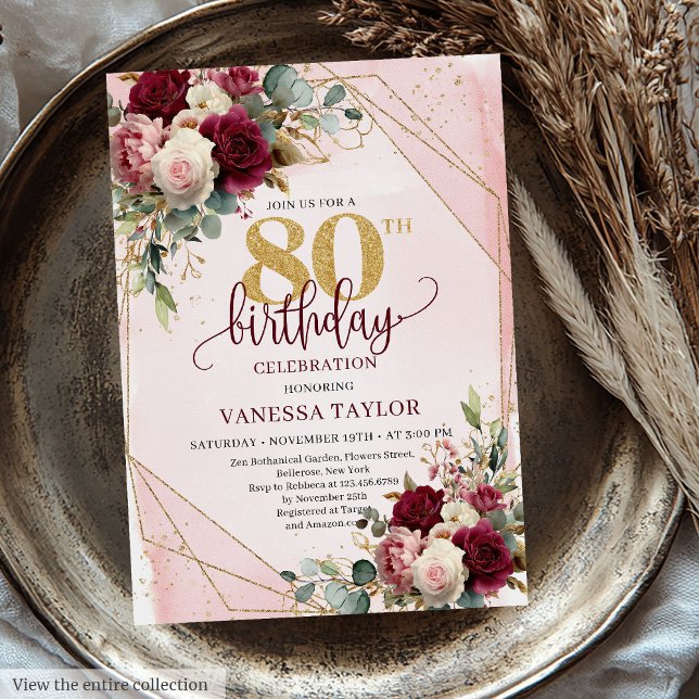 Convite Elegantes Flores Dourado Bege Marsala Aniversário  (Stylish Marsala Blush Gold Flowers 80th Birthday Invitation)