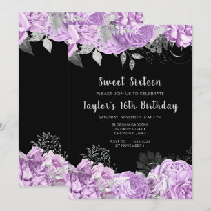 Convite Elegantes Flores Lilás e Prata Sweet Sixteen