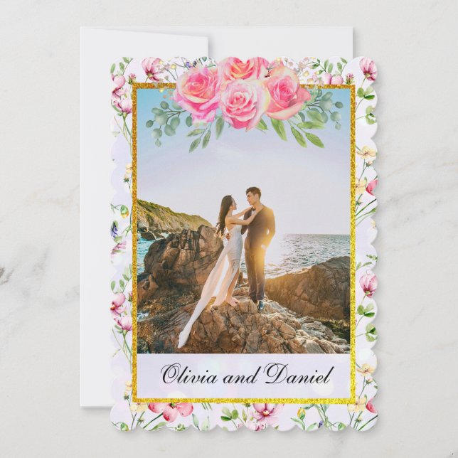 Convite Elegantes Flores Rosa Bege Aquarela Casamento (Frente)