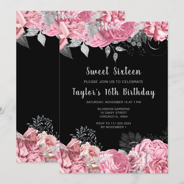 Convite Elegantes Flores Rosa e Prata Sweet Sixteen (Frente/Verso)