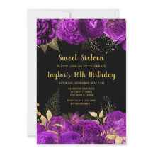 Elegantes Flores Roxas e Douradas Sweet Sixteen