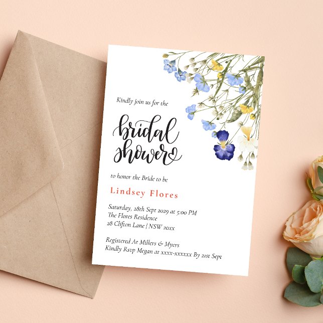 Convite Elegantes Flores Silvestres de Verão para Chá de N (Elegant summer meadow wildflowers invitation creates a bright, romantic bridal shower tone)