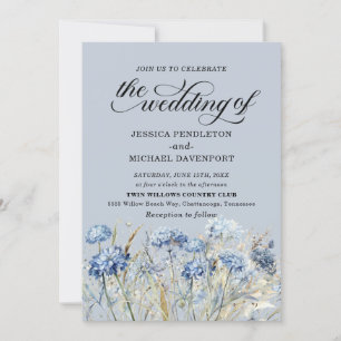 Convite Elegantes Flores Silvestres em Aquarela Azul Poeir