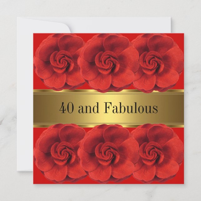 Convite Elegantes Flores Vermelhas Ouro Fabuloso 40 Anos (Frente)