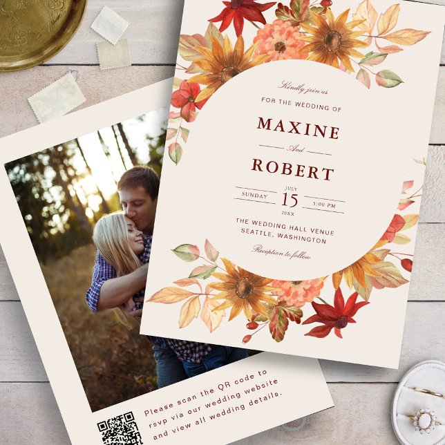 Convite Elegantes Folhas de Outono Código QR Foto Casament (Fall leaves photo wedding invitation adds autumn warmth with a personalized QR code.)