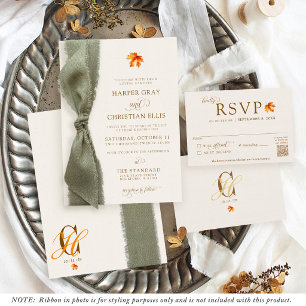 Convite Elegantes Folhas de Outono Fita Rústica Casamento
