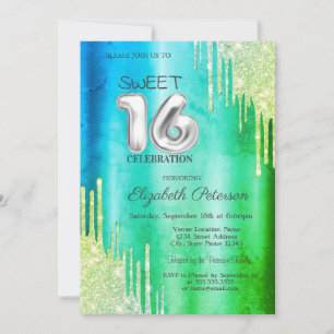 Convite Elegantes Gotas de Brilho Verde Sweet 16