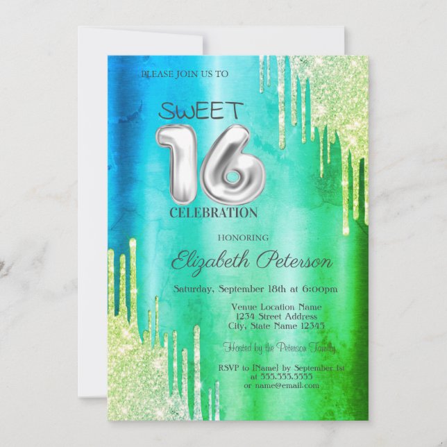 Convite Elegantes Gotas de Brilho Verde Sweet 16 (Frente)