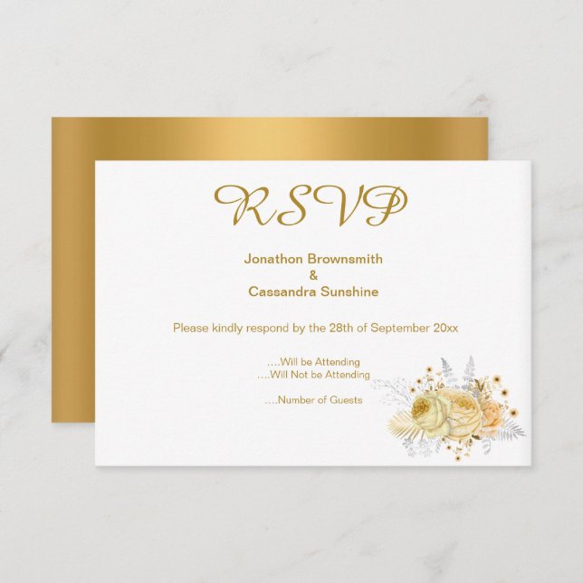 CONVITE ELEGANTES IMPRESSÕES DE FLORES EM OURO OURO RSVP (Frente/Verso)