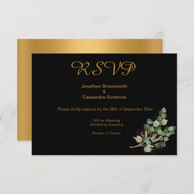 Convite ELEGANTES IMPRESSÕES ORO NATIVE Dourado Preto RSVP (Frente/Verso)