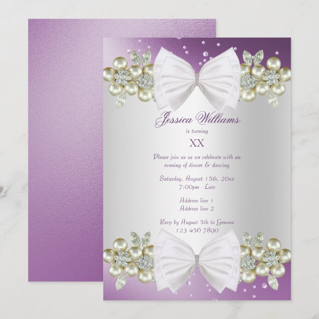 Convite Elegantes Joias & Arco Roxo Aniversário (Frente/Verso)