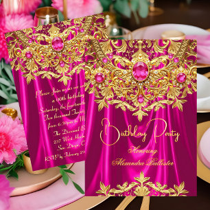 Convite Elegantes jóias Rosa Quente Dourado Renda Damask A