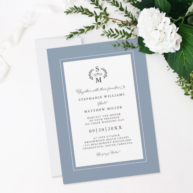 Convite Elegantes Letras Maiúsculas em Azul Poeira Caligrá (Elegant Dusty Blue Initials Calligraphy Wedding Invitation)