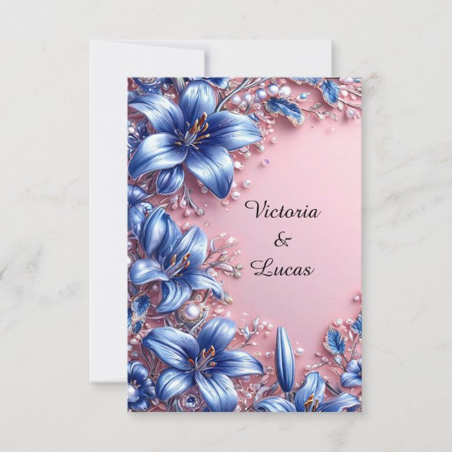 Convite Elegantes Lírios Azuis Pérolas Florais Casamento L (Frente)