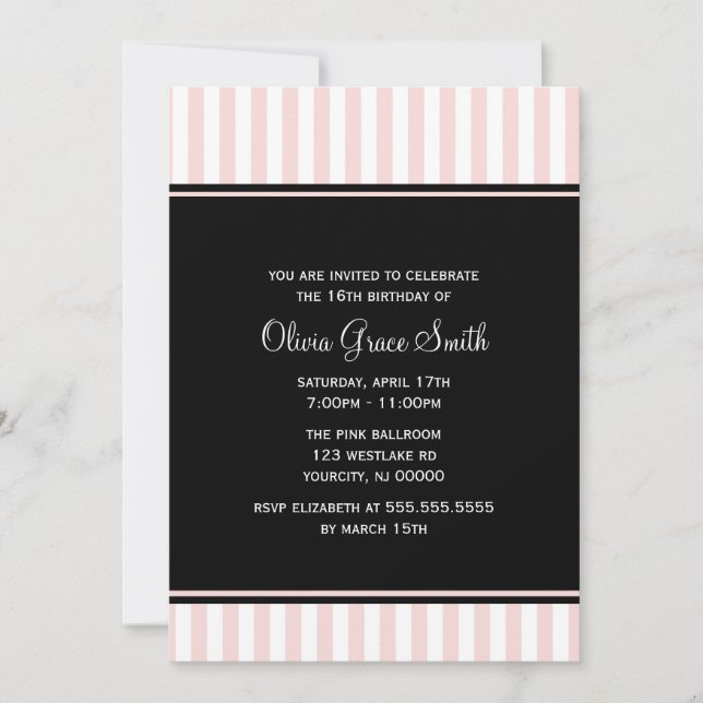 Convite Elegantes Listras Rosa e Branco de Aniversário (Frente)