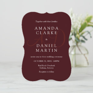 Convite Elegantes Monogramas Iniciais de Casamento Burgund