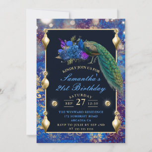 Convite Elegantes ornamentos de pavão azul e dourado de an