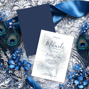 Convite Elegantes Penas de Pavão Cerimônia de Mehendi TLW2