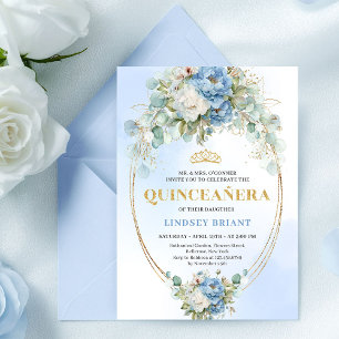 Convite Elegantes Peônias Azuis Quinceañera 15º Aniversári
