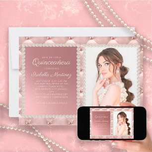 Convite Elegantes Pérolas de Seda Rosa Joias Foto Quinceañ