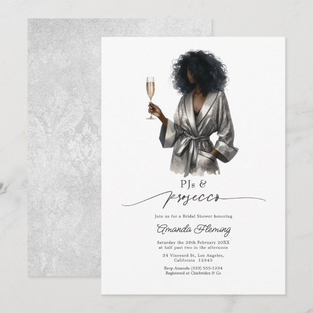 Convite Elegantes PJs de Cetim Prata e Brunch de Prosecco  (Frente/Verso)