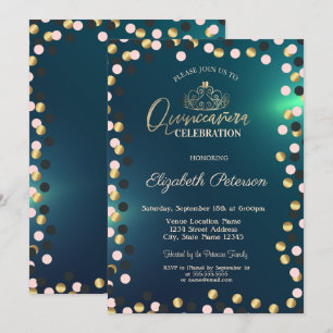 Convite Elegantes Pontos Dourados, Tiara Verde Quinceañera